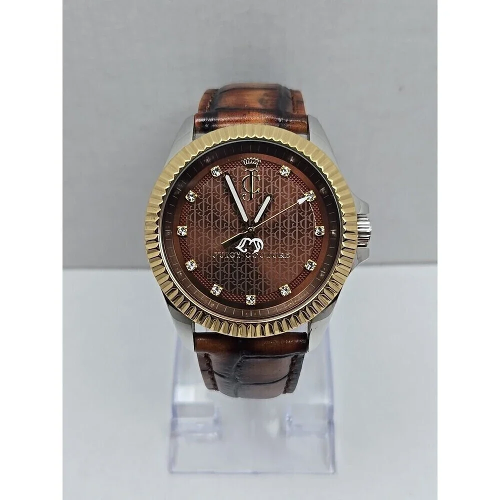 Juicy Couture Brown Dial Fluted Bezel Leather Strap Quartz Watch New Battery